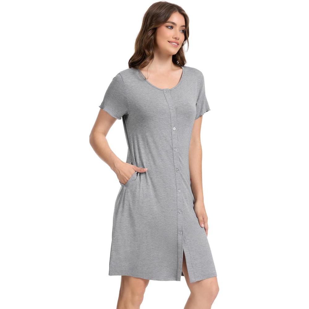imageGYS Bamboo Viscose Nightgown for Women Button Down Sleepshirt with Pockets Short Sleeves Nightshirt Comfy Sleepwear PajamaHeather Grey