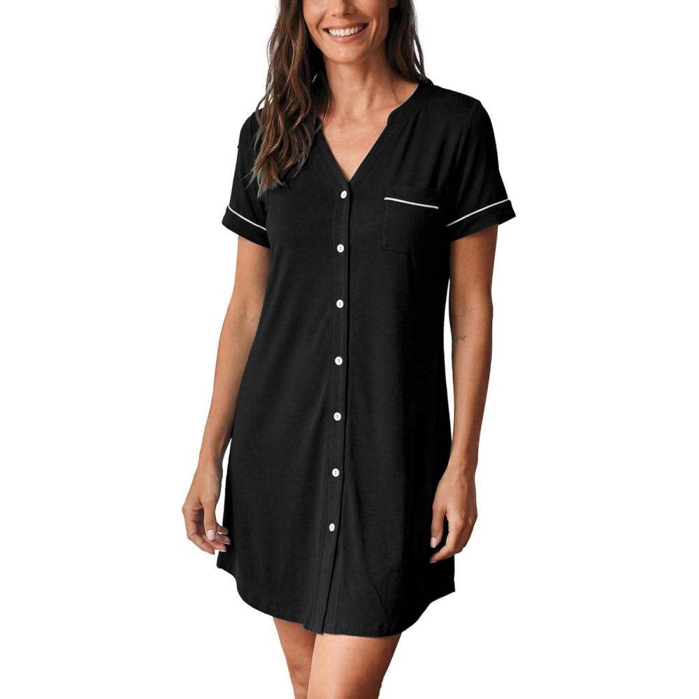 imageGYS Bamboo Viscose Nightgowns for Women Soft Button Down Short Sleeve Summer V Neck Sleep DressBlack