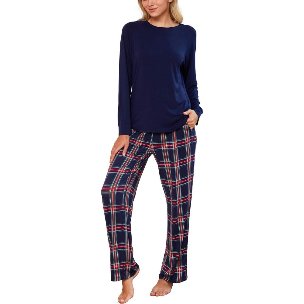 imageGYS Womens Pajama Sets Bamboo Viscose Long Sleeve Sleepwear with Pants Soft Pjs Lounge Set Ladies LoungewearNavy PlaidStraightleg