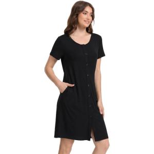 GYS Bamboo Viscose Nightgown for Women, Button Down Sleepshirt with Pockets, Short Sleeves Nightshirt, Comfy Sleepwear Pajama(Black)