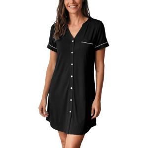 GYS Bamboo Viscose Nightgowns for Women Soft Button Down Short Sleeve Summer V Neck Sleep Dress(Black)