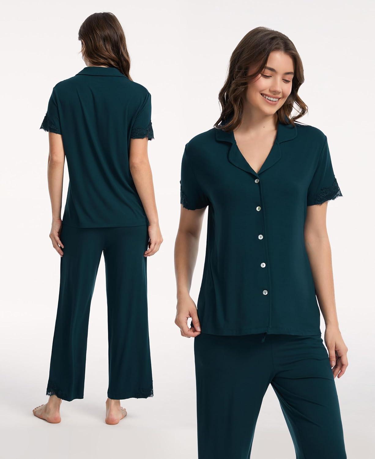 imageGYS Bamboo Viscose Pajamas for Women Set CloudSoft Short Sleeve Button Down Sleep Set with Pockets Comfy SleepwearDarkcyan