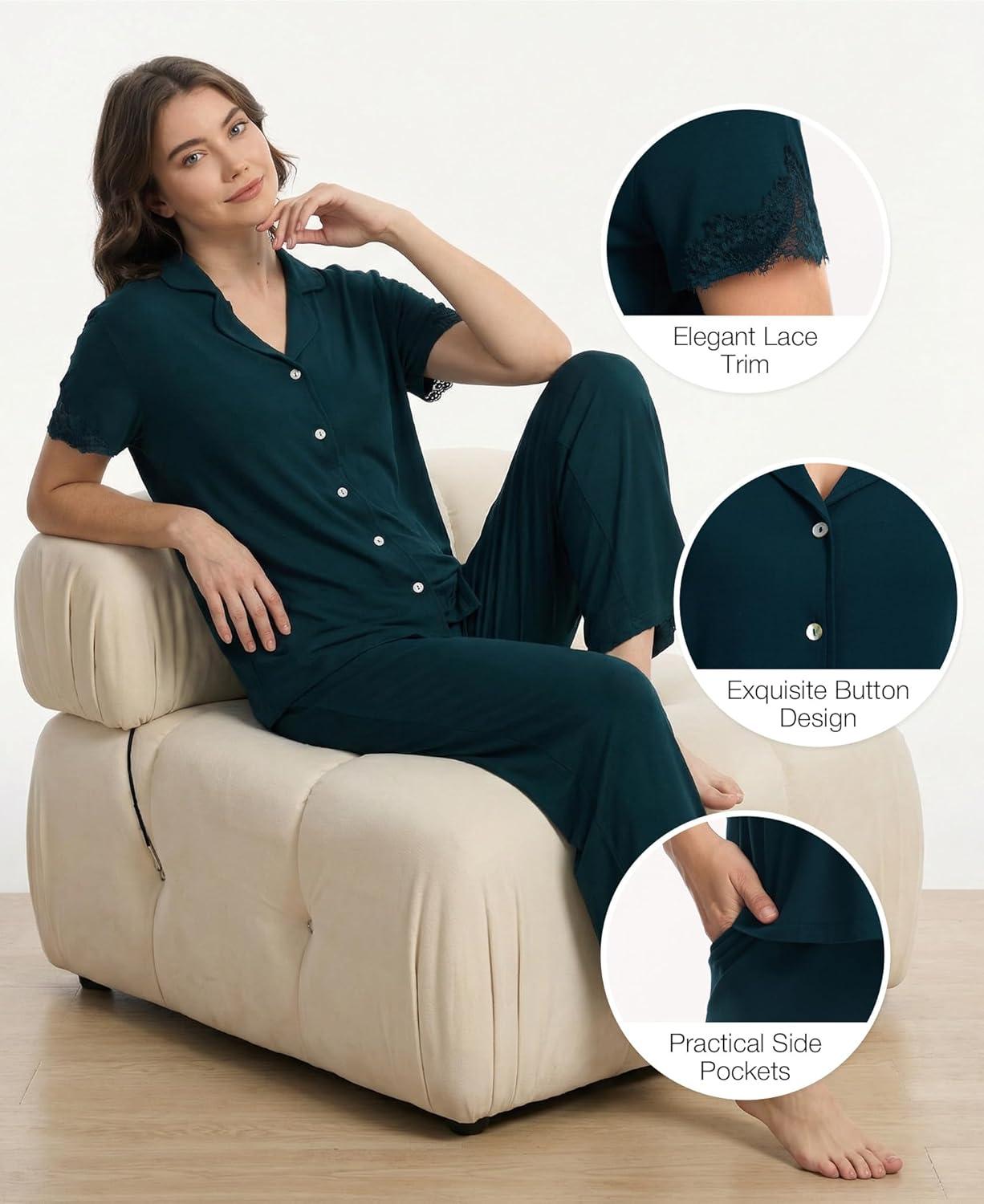 imageGYS Bamboo Viscose Pajamas for Women Set CloudSoft Short Sleeve Button Down Sleep Set with Pockets Comfy SleepwearDarkcyan