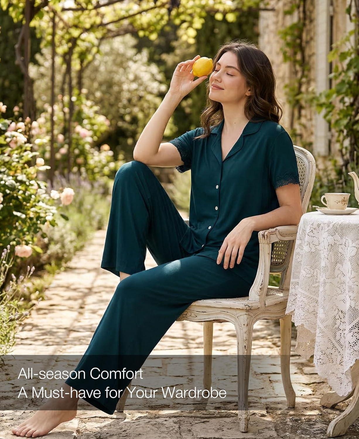imageGYS Bamboo Viscose Pajamas for Women Set CloudSoft Short Sleeve Button Down Sleep Set with Pockets Comfy SleepwearDarkcyan