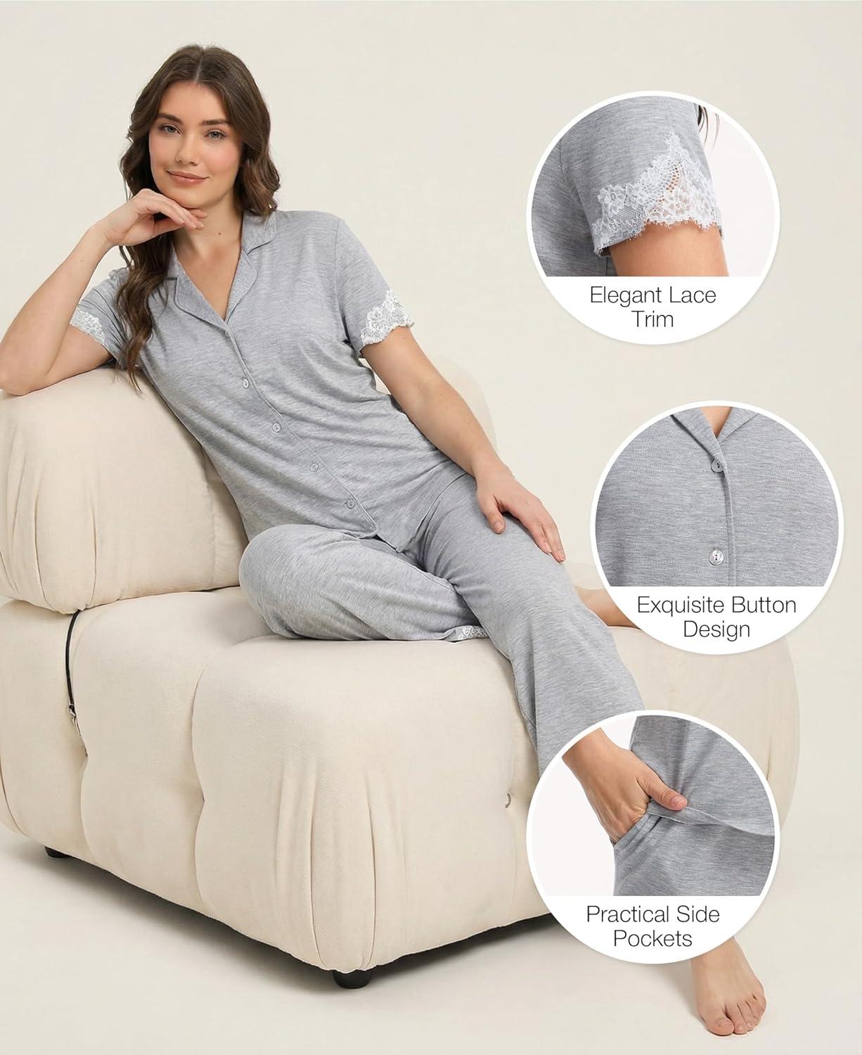 imageGYS Bamboo Viscose Pajamas for Women Set CloudSoft Short Sleeve Button Down Sleep Set with Pockets Comfy SleepwearLight Heather Grey
