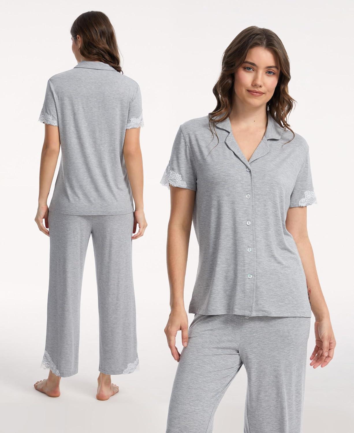 imageGYS Bamboo Viscose Pajamas for Women Set CloudSoft Short Sleeve Button Down Sleep Set with Pockets Comfy SleepwearLight Heather Grey