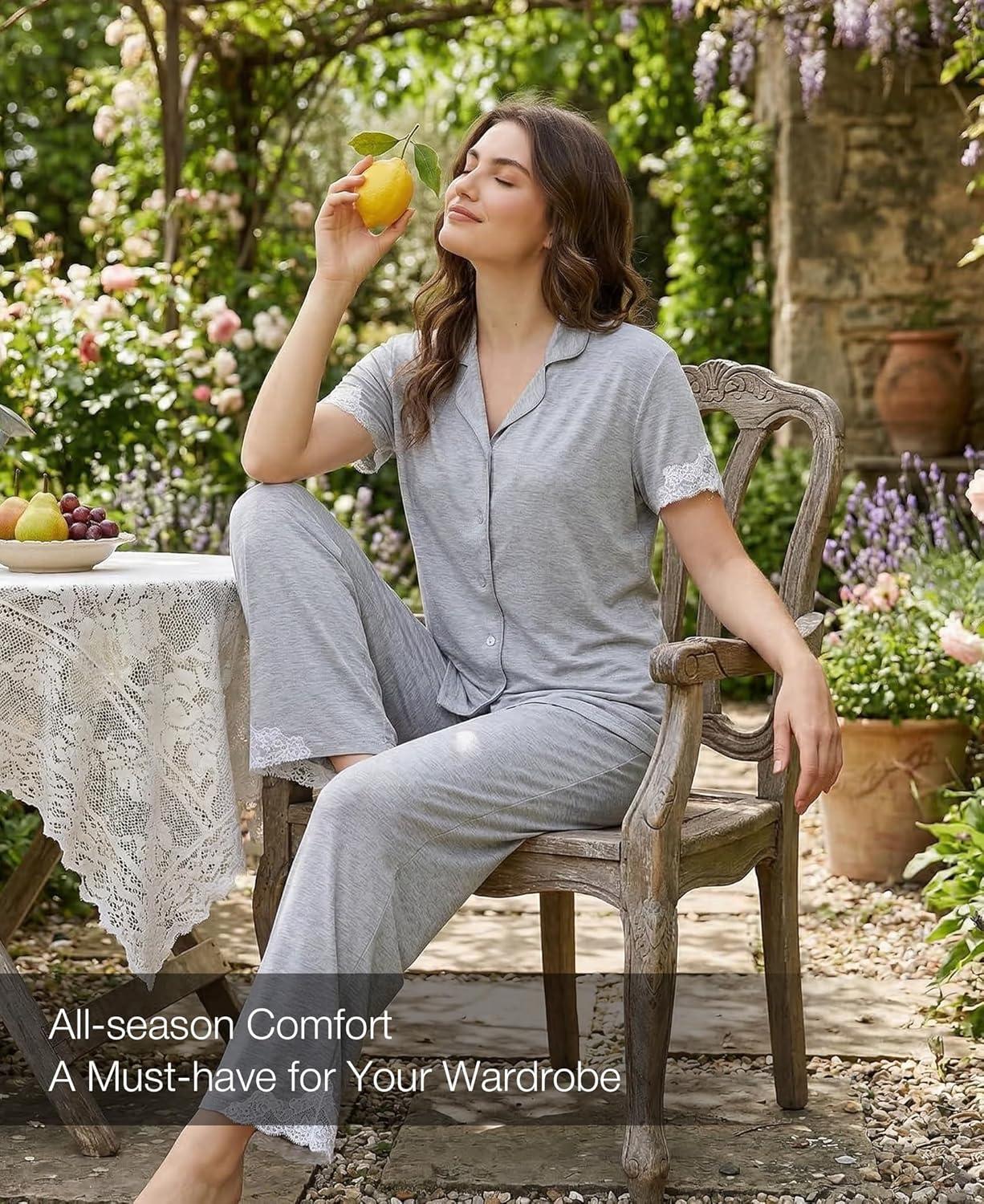 imageGYS Bamboo Viscose Pajamas for Women Set CloudSoft Short Sleeve Button Down Sleep Set with Pockets Comfy SleepwearLight Heather Grey