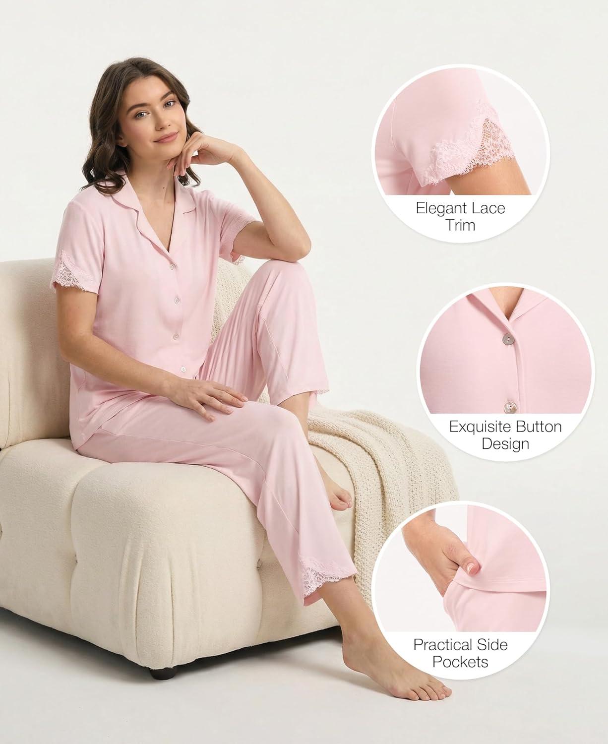 imageGYS Bamboo Viscose Pajamas for Women Set CloudSoft Short Sleeve Button Down Sleep Set with Pockets Comfy SleepwearPink