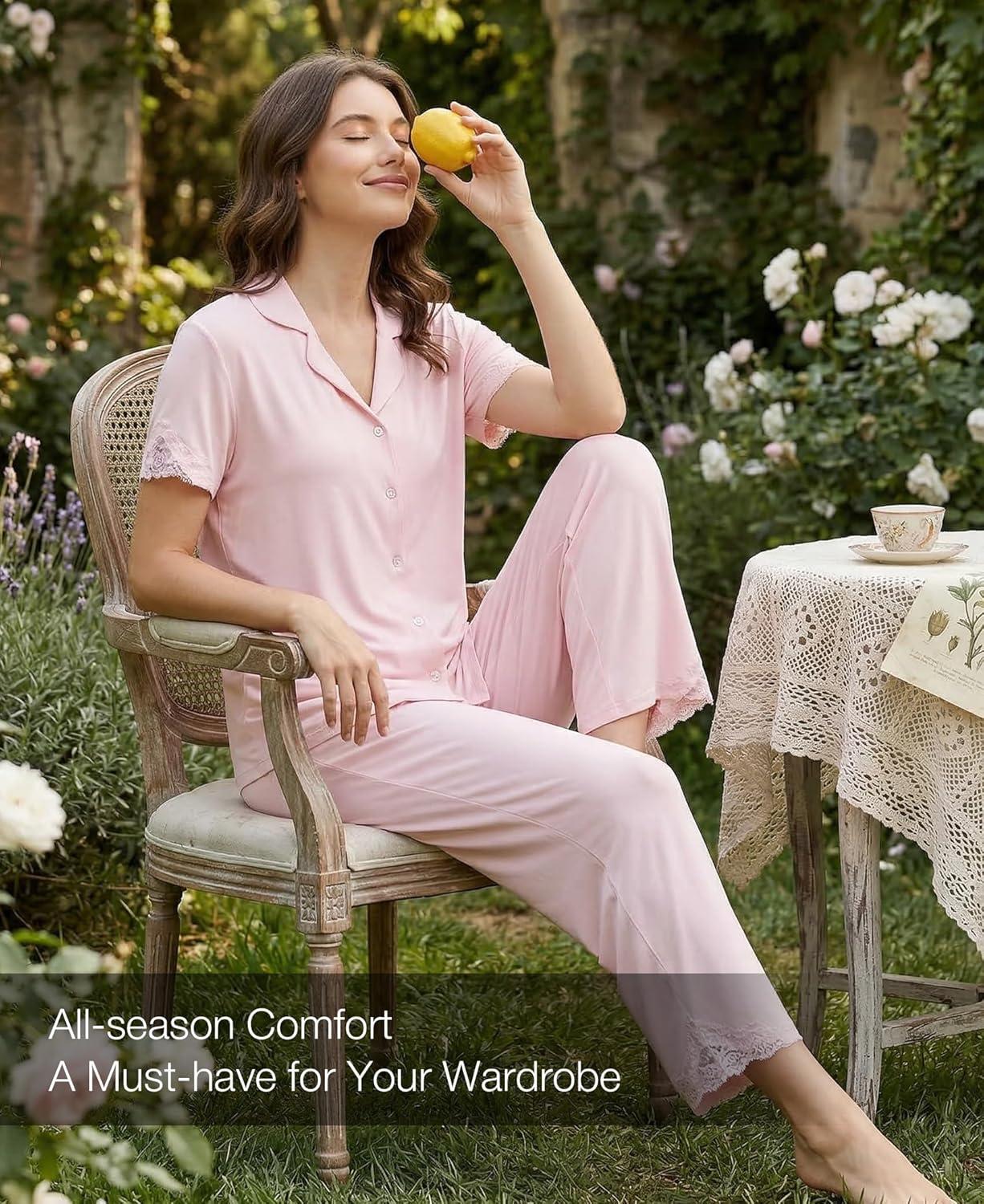 imageGYS Bamboo Viscose Pajamas for Women Set CloudSoft Short Sleeve Button Down Sleep Set with Pockets Comfy SleepwearPink