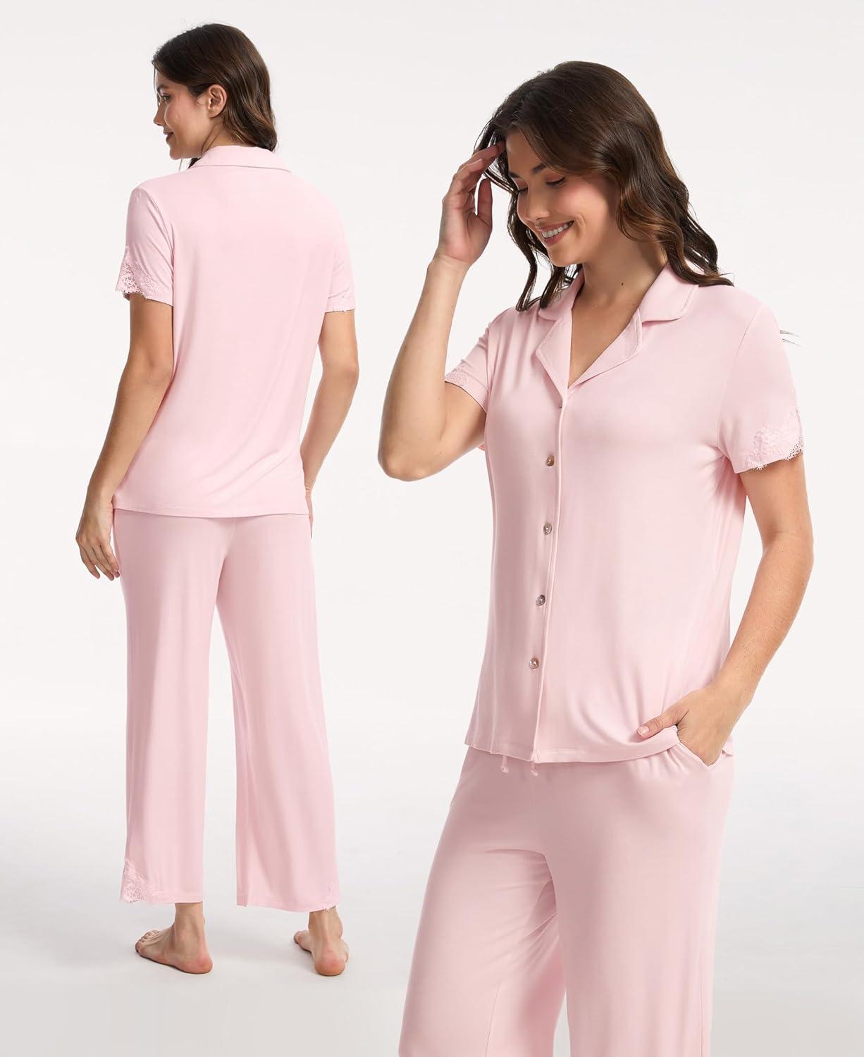 imageGYS Bamboo Viscose Pajamas for Women Set CloudSoft Short Sleeve Button Down Sleep Set with Pockets Comfy SleepwearPink