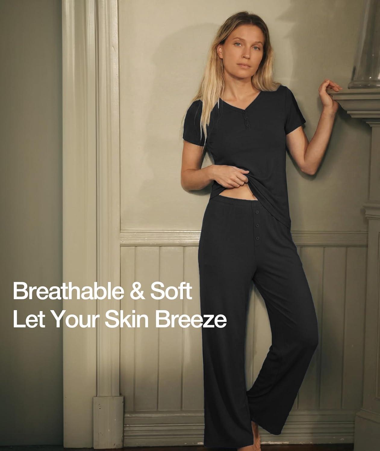 imageGYS Bamboo Viscose Womens Lounge Set 2 Piece Matching Loungewear Pajama Sets VNeck Tshirt and Pants Outfit with PocketsBlack