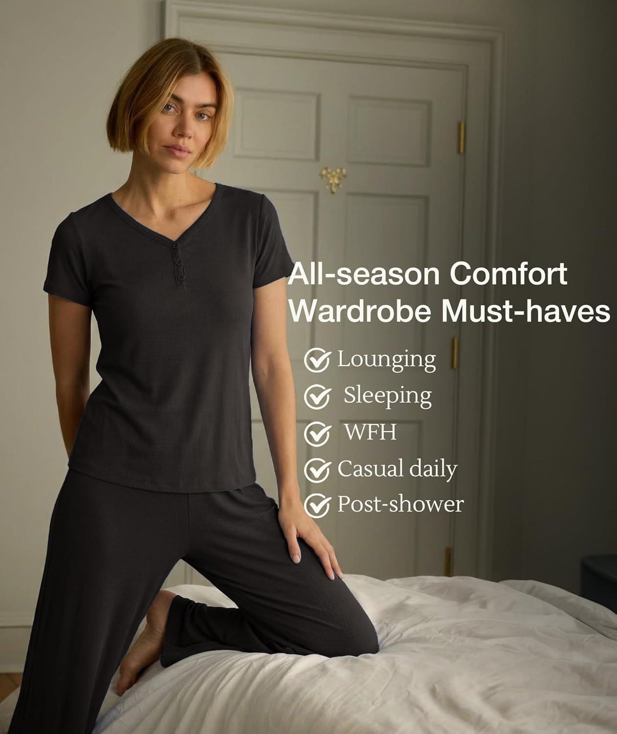 imageGYS Bamboo Viscose Womens Lounge Set 2 Piece Matching Loungewear Pajama Sets VNeck Tshirt and Pants Outfit with PocketsChocolate