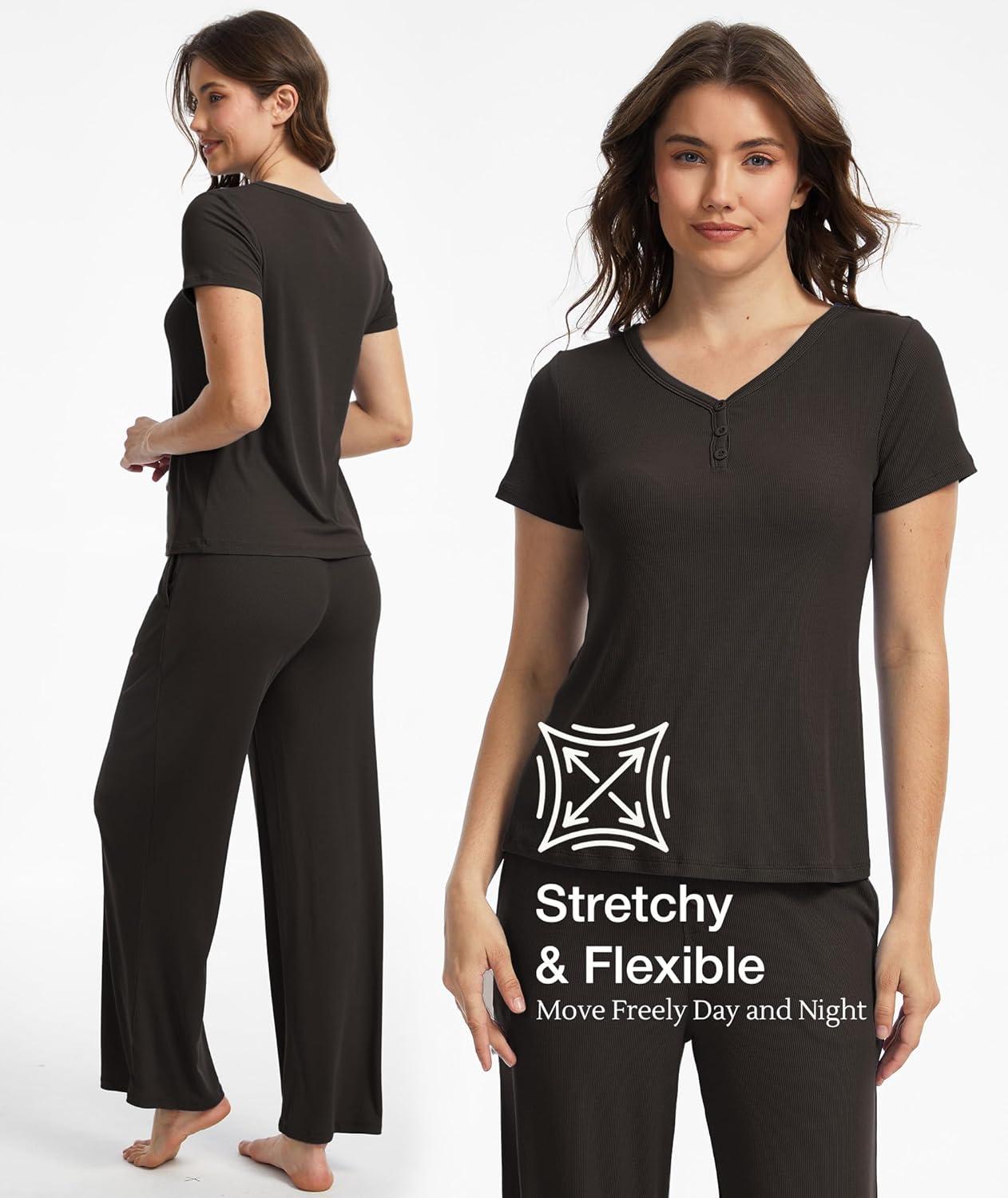 imageGYS Bamboo Viscose Womens Lounge Set 2 Piece Matching Loungewear Pajama Sets VNeck Tshirt and Pants Outfit with PocketsChocolate