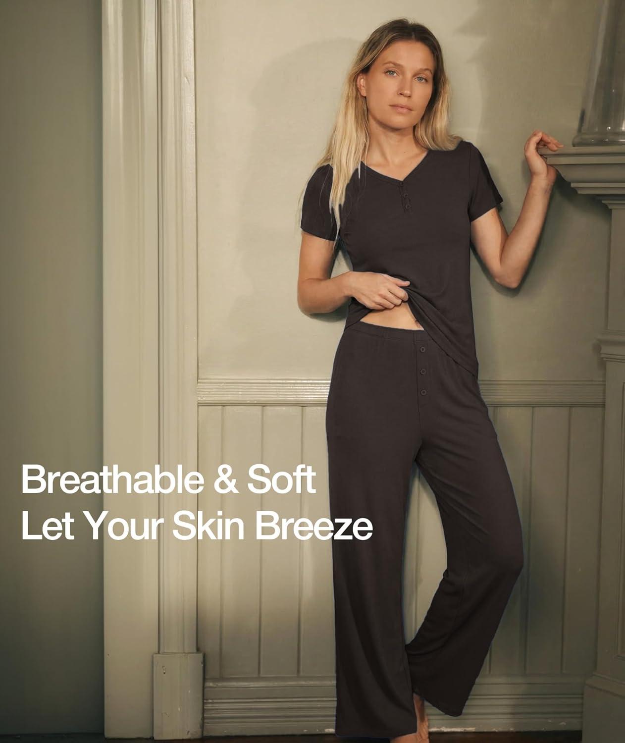 imageGYS Bamboo Viscose Womens Lounge Set 2 Piece Matching Loungewear Pajama Sets VNeck Tshirt and Pants Outfit with PocketsChocolate