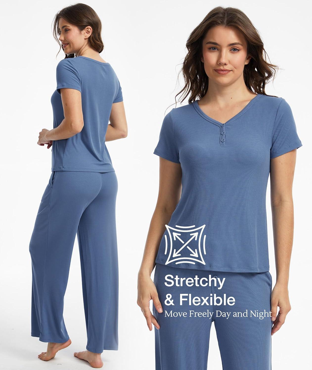 imageGYS Bamboo Viscose Womens Lounge Set 2 Piece Matching Loungewear Pajama Sets VNeck Tshirt and Pants Outfit with PocketsGrayish Blue