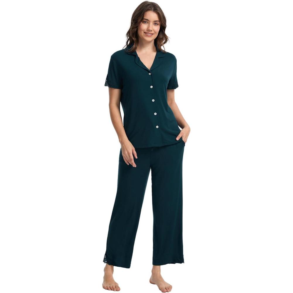imageGYS Bamboo Viscose Pajamas for Women Set CloudSoft Short Sleeve Button Down Sleep Set with Pockets Comfy SleepwearDarkcyan