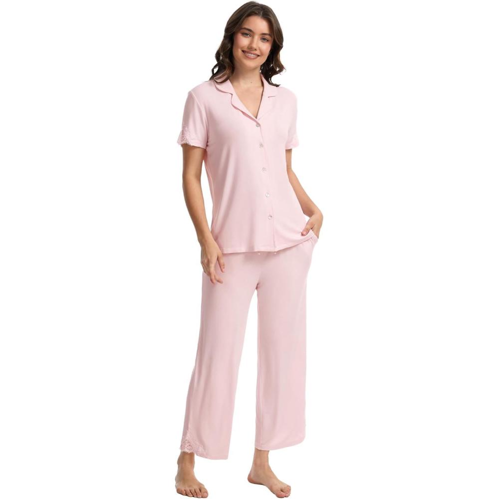 imageGYS Bamboo Viscose Pajamas for Women Set CloudSoft Short Sleeve Button Down Sleep Set with Pockets Comfy SleepwearPink