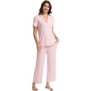 GYS Bamboo Viscose Pajamas for Women Set, Cloud-Soft Short Sleeve Button Down Sleep Set​​ with Pockets, Comfy Sleepwear(Pink)