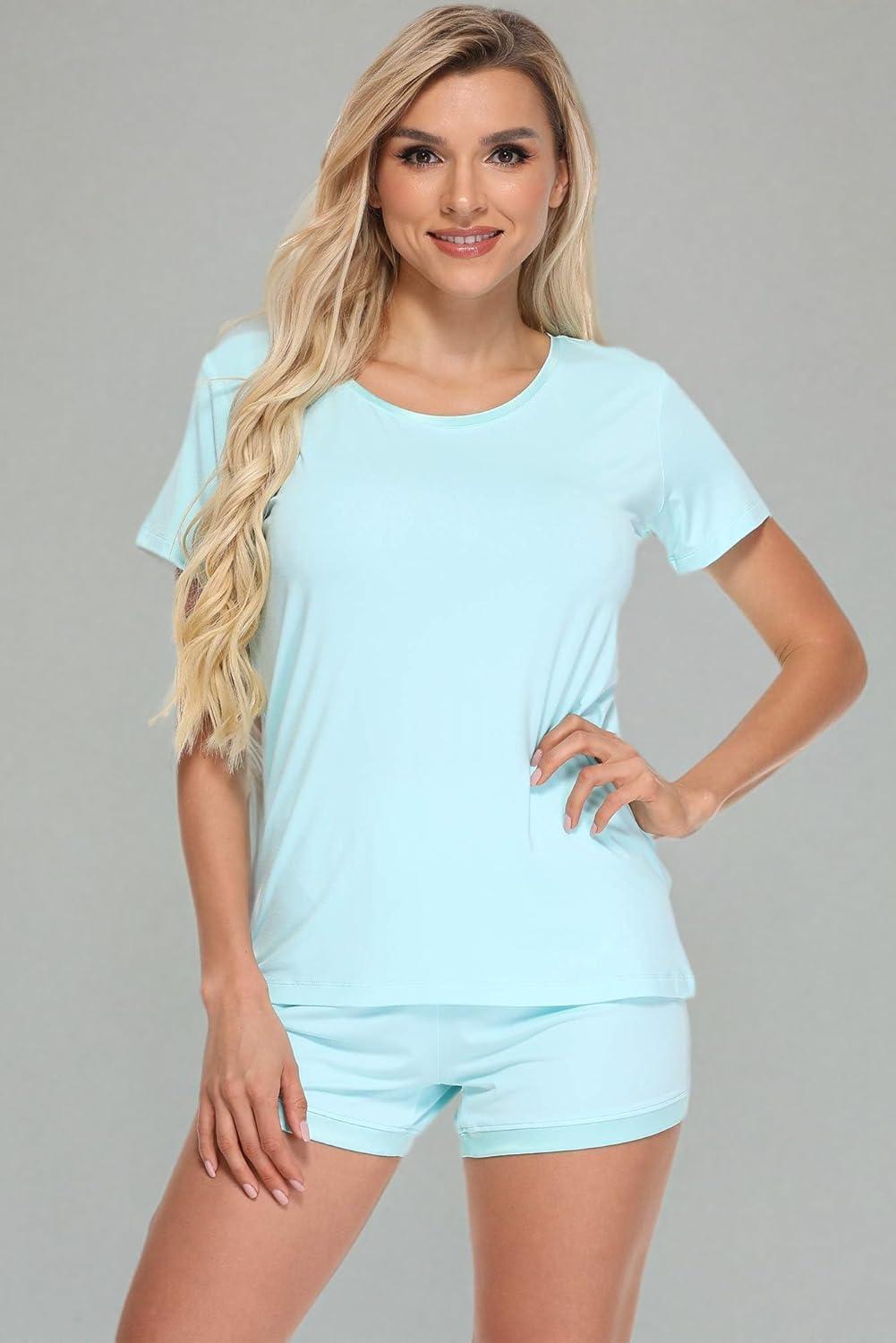 imageGYS Womens Bamboo Viscose Pajama Sets Cooling Short Sleeve Sleepwear for Night Sweats Moisture Wicking Summer PjsAqua Green