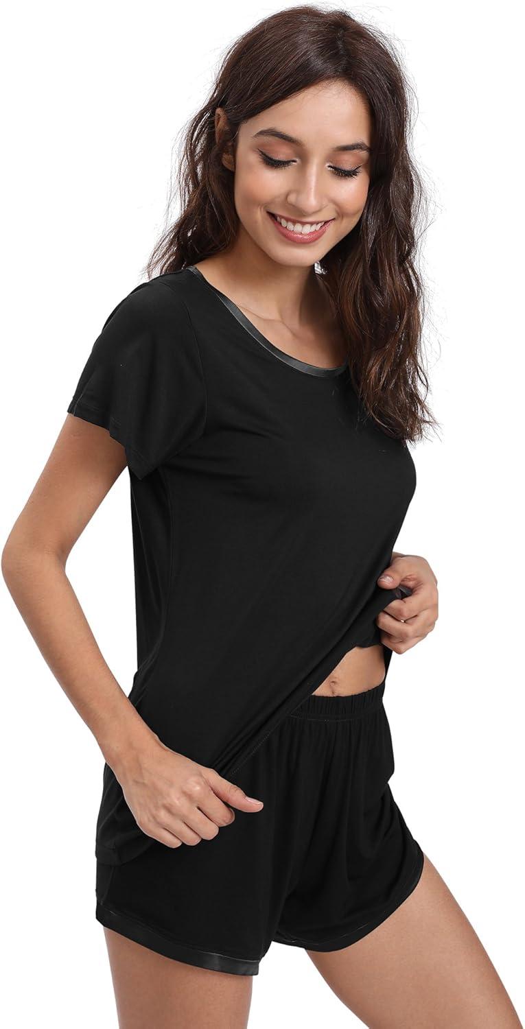 imageGYS Womens Bamboo Viscose Pajama Sets Cooling Short Sleeve Sleepwear for Night Sweats Moisture Wicking Summer PjsBlack