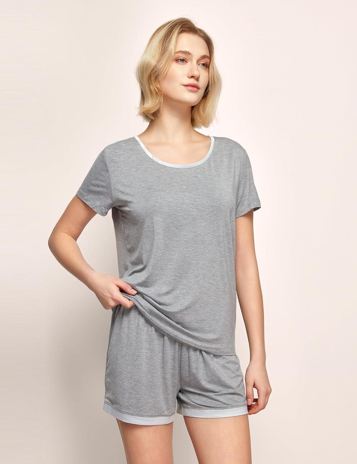 imageGYS Womens Bamboo Viscose Pajama Sets Cooling Short Sleeve Sleepwear for Night Sweats Moisture Wicking Summer PjsHeather Grey