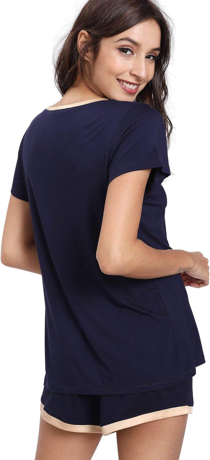 imageGYS Womens Bamboo Viscose Pajama Sets Cooling Short Sleeve Sleepwear for Night Sweats Moisture Wicking Summer PjsNavy Blue