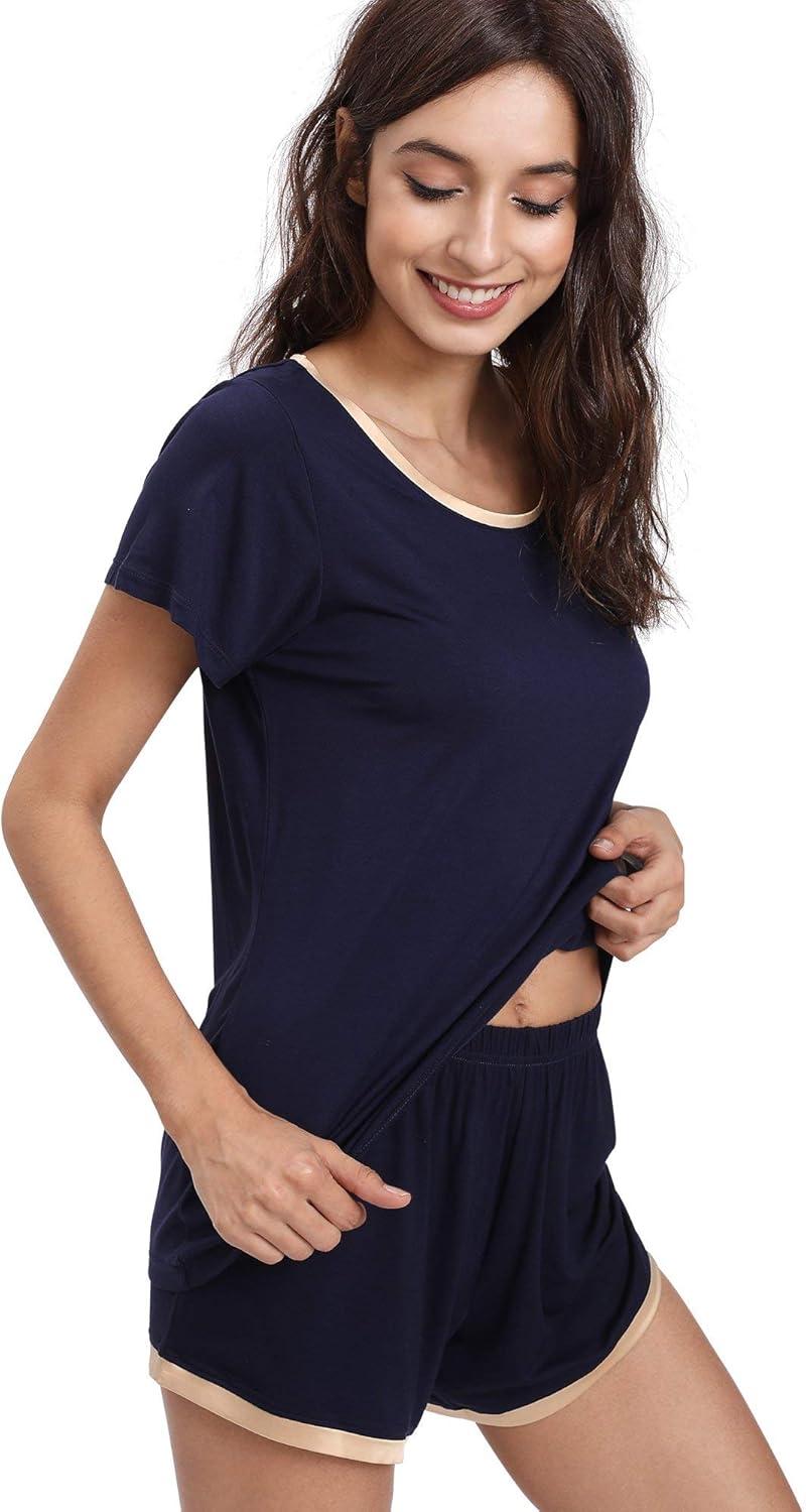 imageGYS Womens Bamboo Viscose Pajama Sets Cooling Short Sleeve Sleepwear for Night Sweats Moisture Wicking Summer PjsNavy Blue