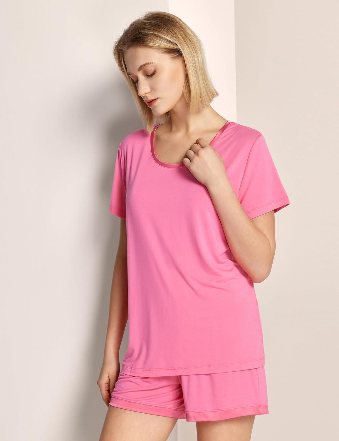 imageGYS Womens Bamboo Viscose Pajama Sets Cooling Short Sleeve Sleepwear for Night Sweats Moisture Wicking Summer PjsRaspberry Pink