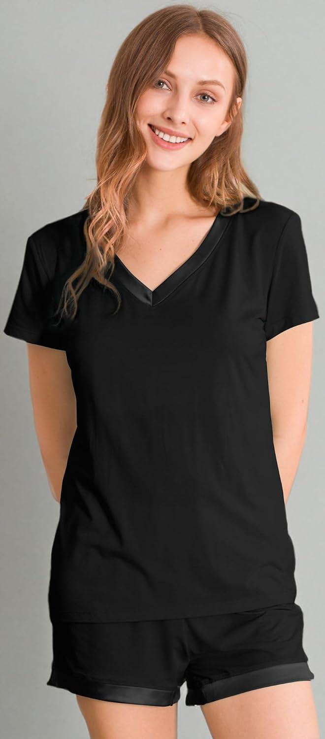imageGYS Womens Bamboo Viscose Pajama Sets Cooling Short Sleeve Sleepwear for Night Sweats Moisture Wicking Summer PjsVneck Black