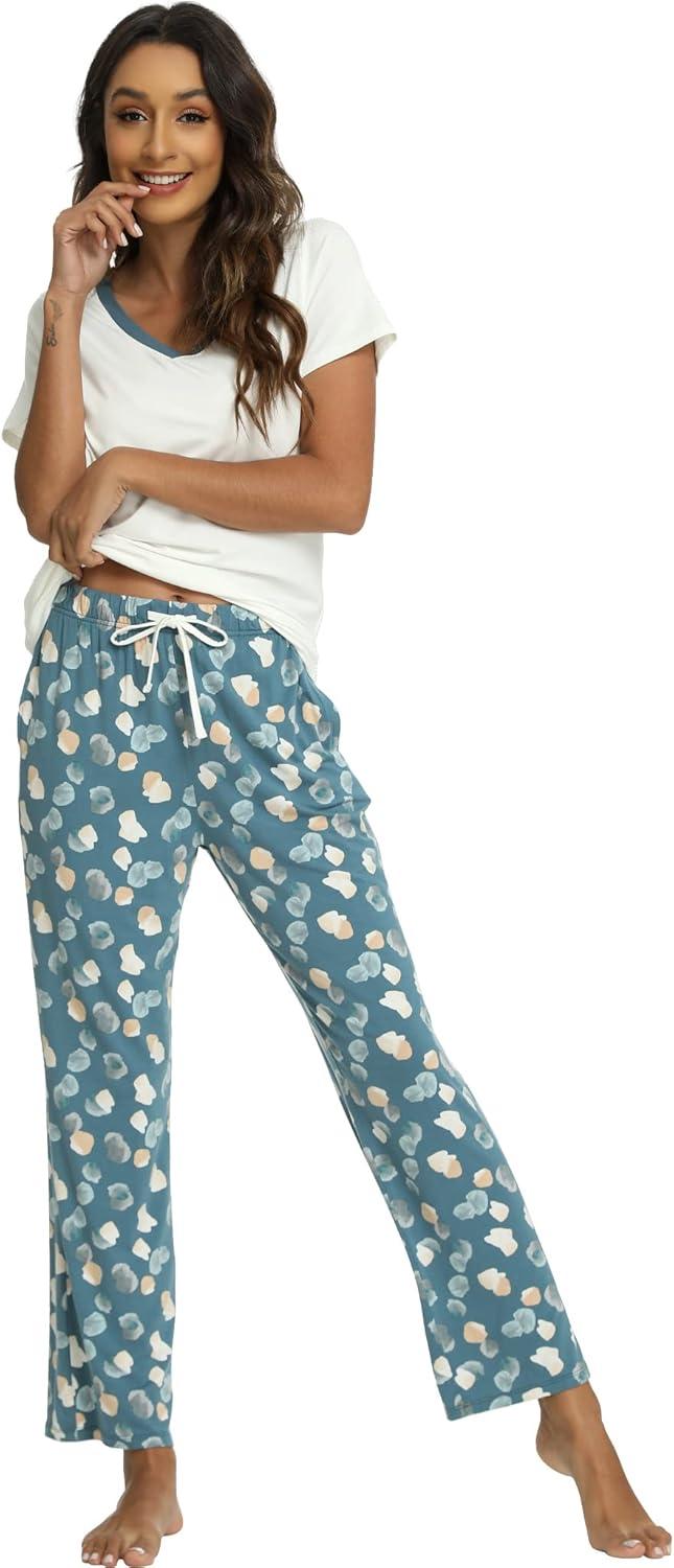 imageGYS Womens Bamboo Viscose Pajamas Set Super Soft Short Sleeve Top and Pants Pj Sleepwear SetsOcean Green