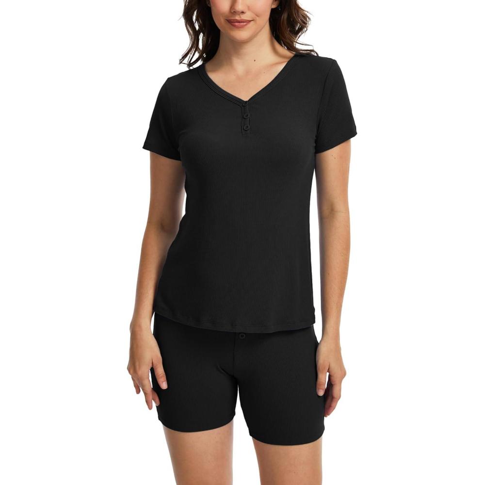 imageGYS Bamboo Viscose Womens Lounge Set 2 Piece Matching Fitted Loungewear Set Soft VNeck Tshirt and Shorts Pajama SetsBlack