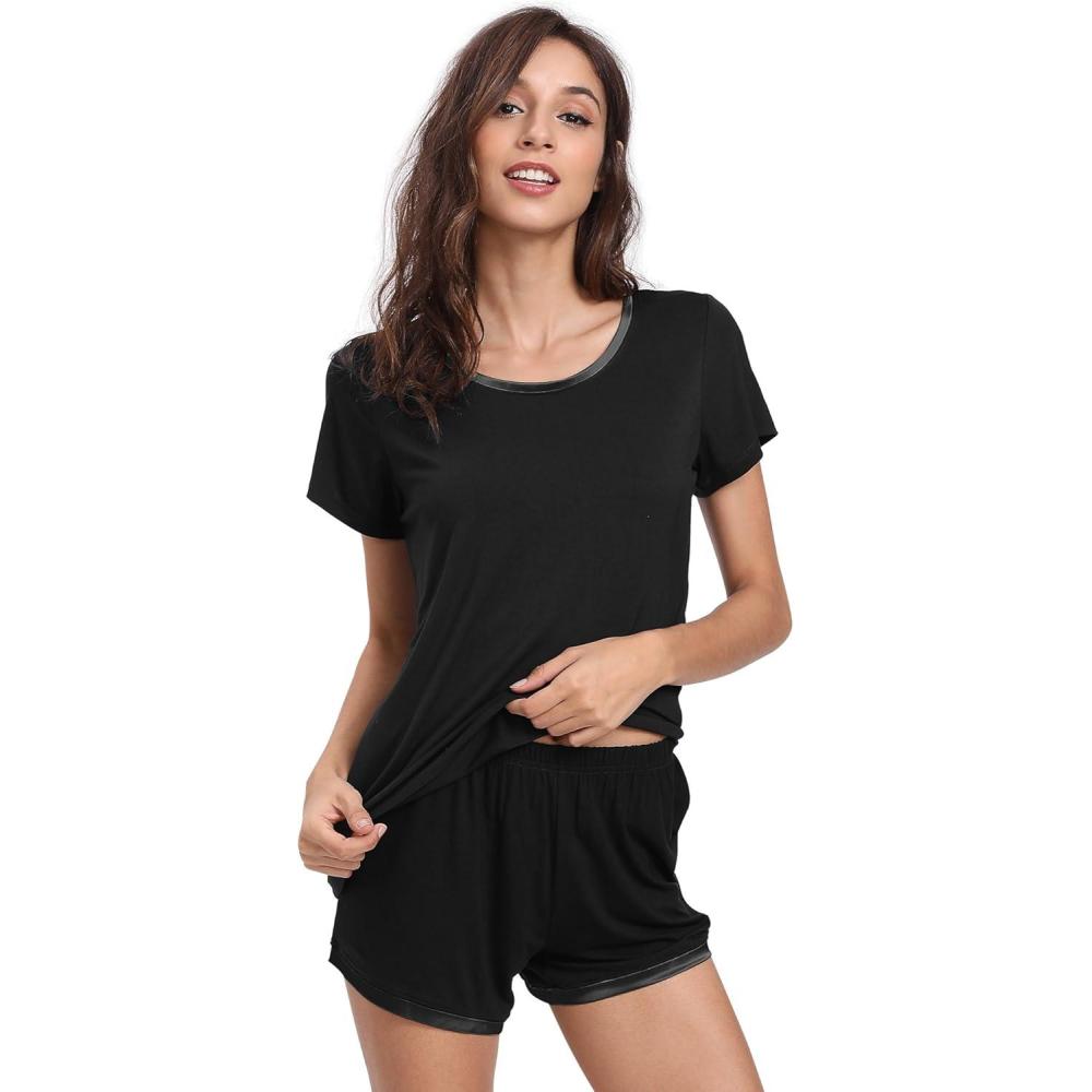 imageGYS Womens Bamboo Viscose Pajama Sets Cooling Short Sleeve Sleepwear for Night Sweats Moisture Wicking Summer PjsBlack