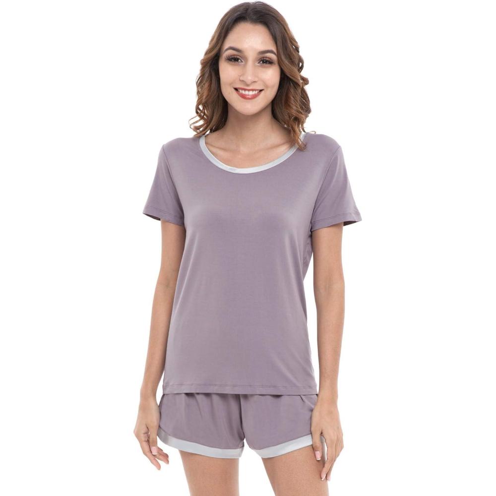 imageGYS Womens Bamboo Viscose Pajama Sets Cooling Short Sleeve Sleepwear for Night Sweats Moisture Wicking Summer PjsPurplish Grey Silver