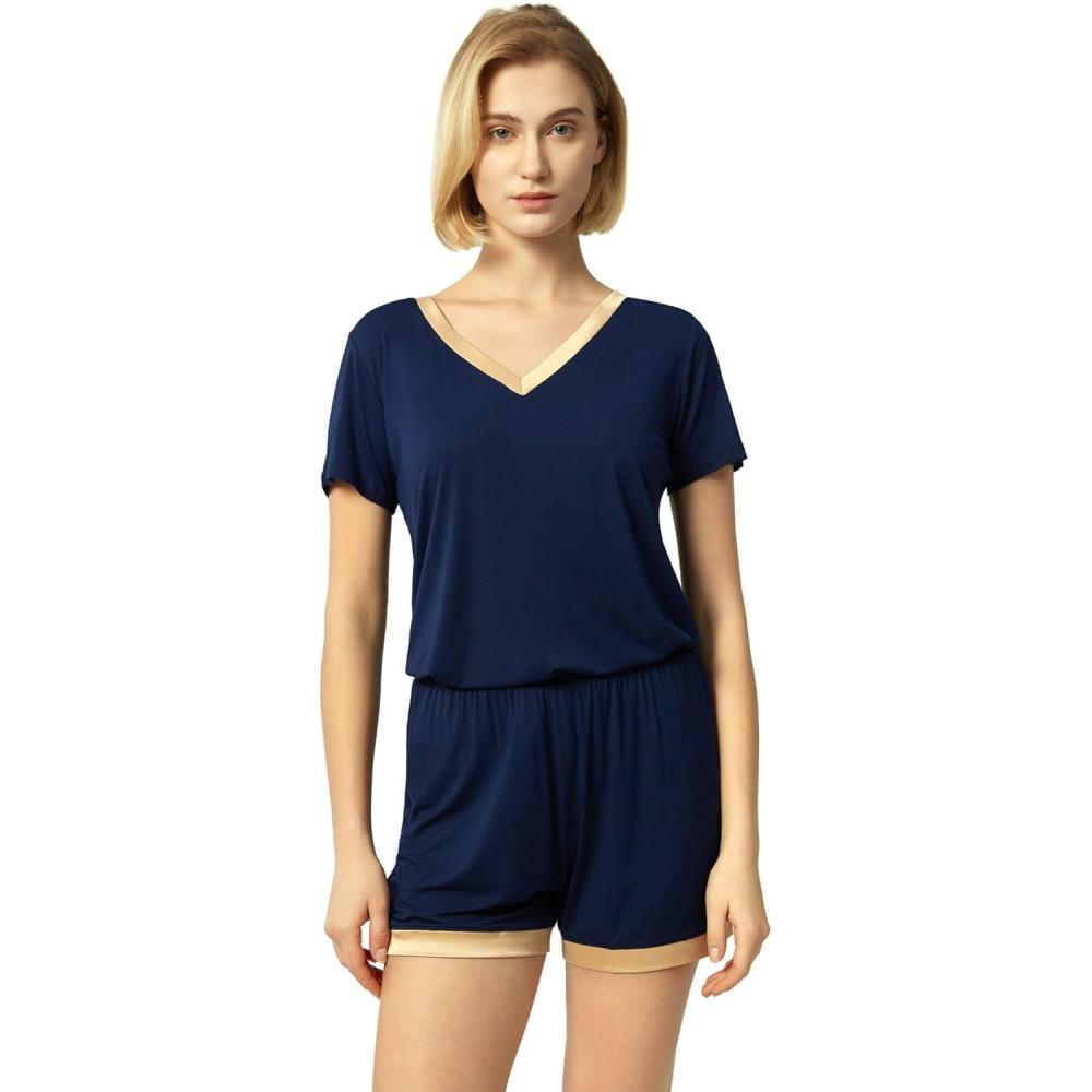 imageGYS Womens Bamboo Viscose Pajama Sets Cooling Short Sleeve Sleepwear for Night Sweats Moisture Wicking Summer PjsVneck Navy Blue
