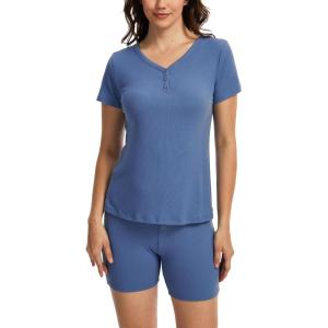 GYS Bamboo Viscose Women’s Lounge Set, 2 Piece Matching Fitted Loungewear Set, Soft V-Neck T-shirt and Shorts Pajama Sets(Grayish Blue)