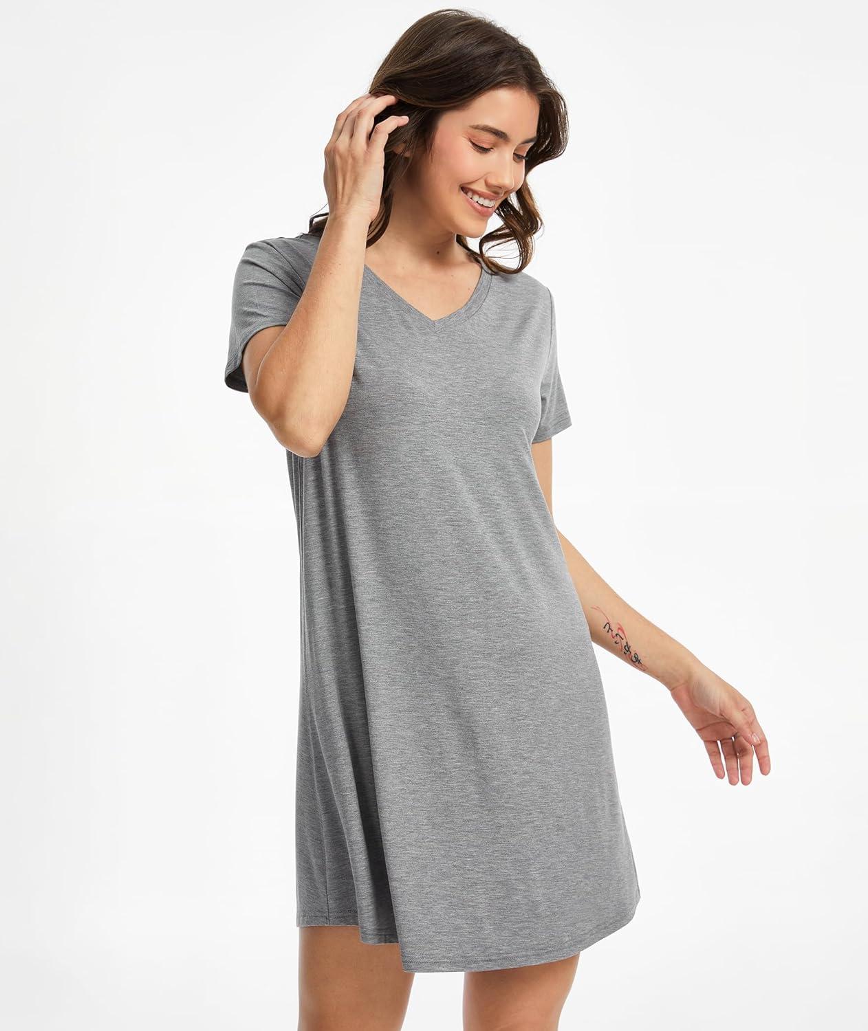 imageGYS Bamboo Viscose Womens Nightgowns Classic Short Sleeve V Neck Sleep DressHeather Grey