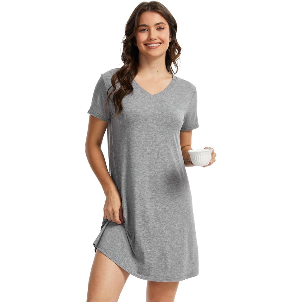 imageGYS Bamboo Viscose Womens Nightgowns Classic Short Sleeve V Neck Sleep DressHeather Grey