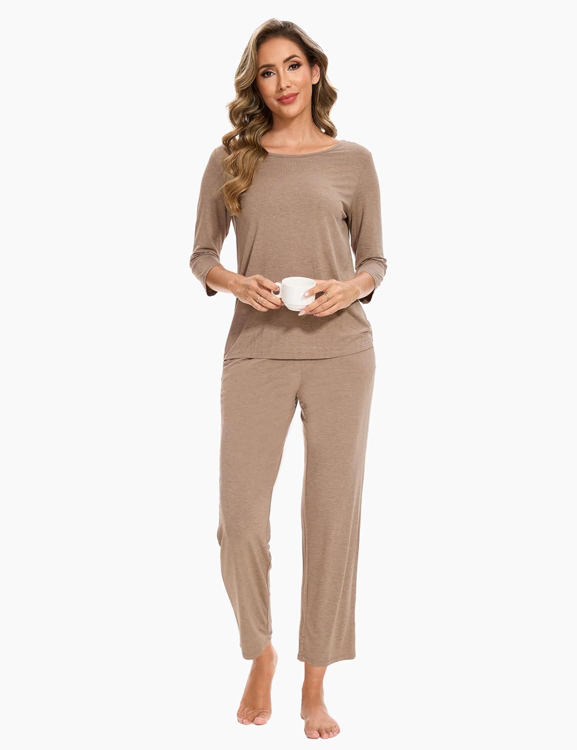 imageGYS Bamboo Viscose Womens Pajama Sets Comfy 34 Sleeve Sleepwear Sets with PocketsCamel