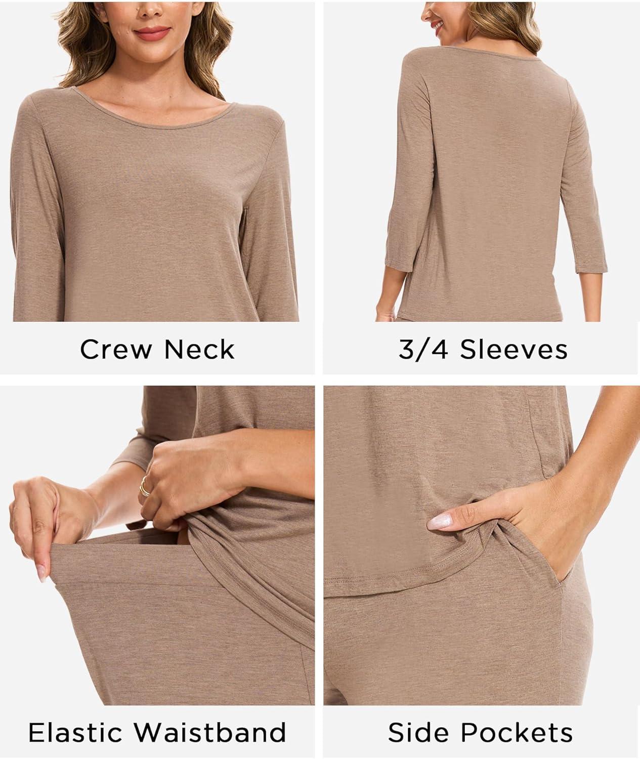 imageGYS Bamboo Viscose Womens Pajama Sets Comfy 34 Sleeve Sleepwear Sets with PocketsCamel