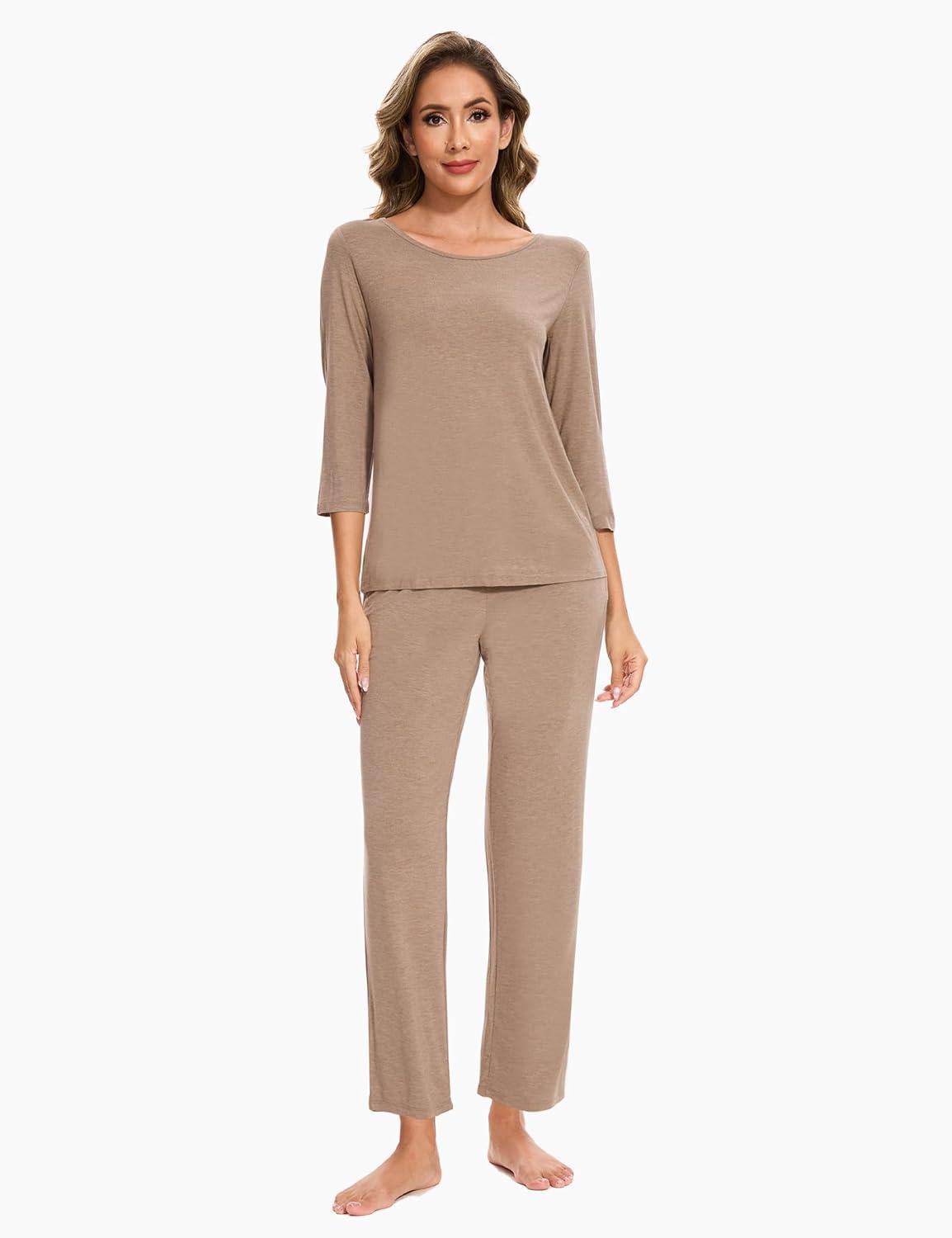 imageGYS Bamboo Viscose Womens Pajama Sets Comfy 34 Sleeve Sleepwear Sets with PocketsCamel