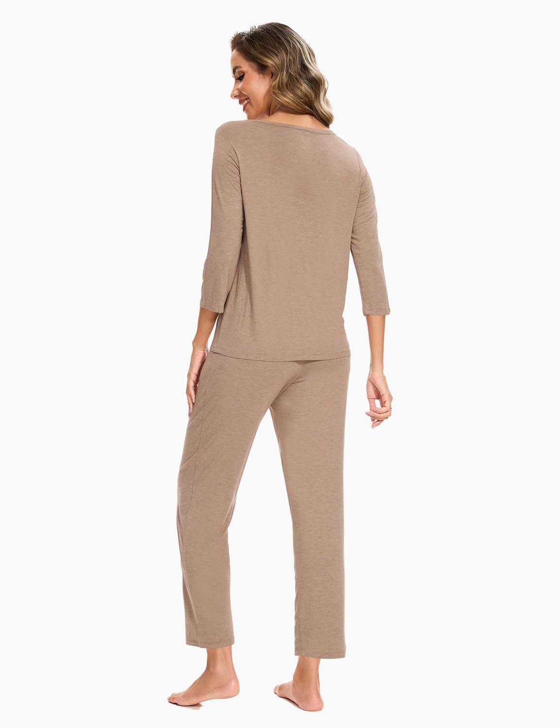 imageGYS Bamboo Viscose Womens Pajama Sets Comfy 34 Sleeve Sleepwear Sets with PocketsCamel