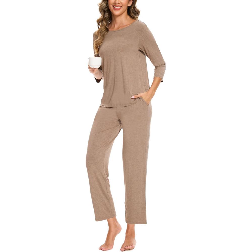 imageGYS Bamboo Viscose Womens Pajama Sets Comfy 34 Sleeve Sleepwear Sets with PocketsCamel