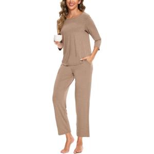 GYS Bamboo Viscose Women’s Pajama Sets Comfy 3/4 Sleeve Sleepwear Sets with Pockets(Camel)