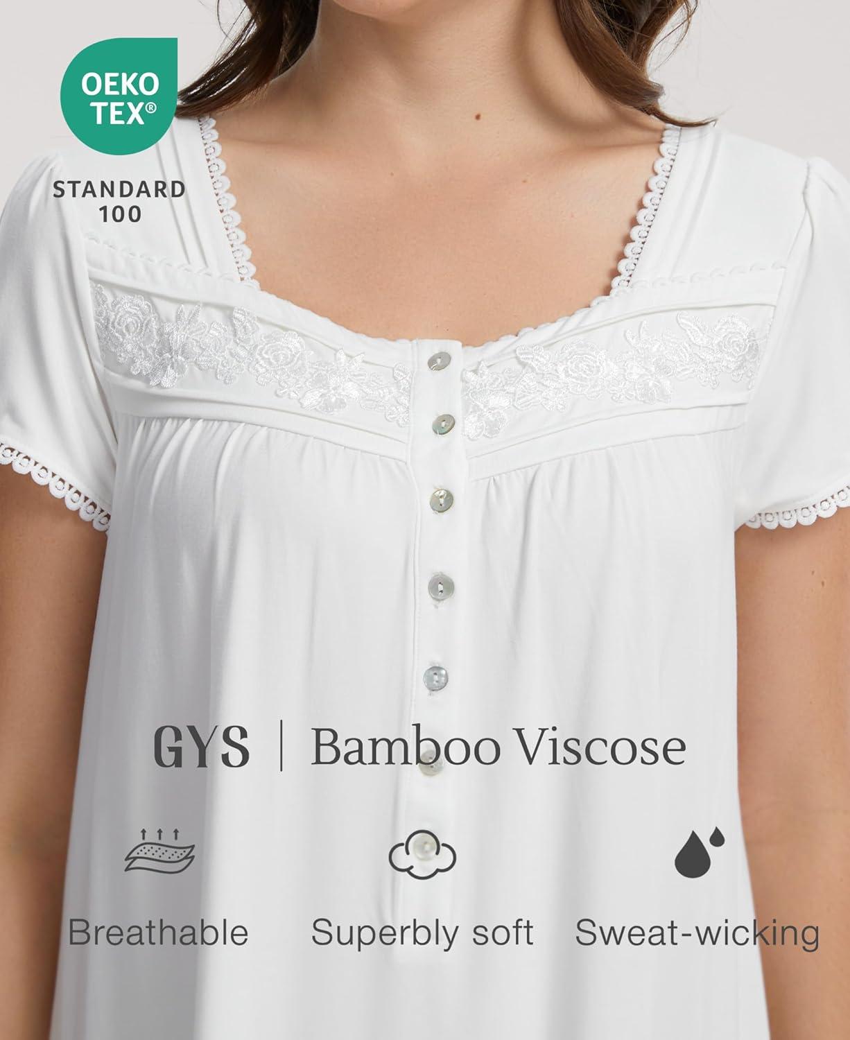 imageGYS House Dress for Women Puff Short Sleeve Moo Moos Pleated Bamboo Viscose Nightgowns Mumu DressesWhite