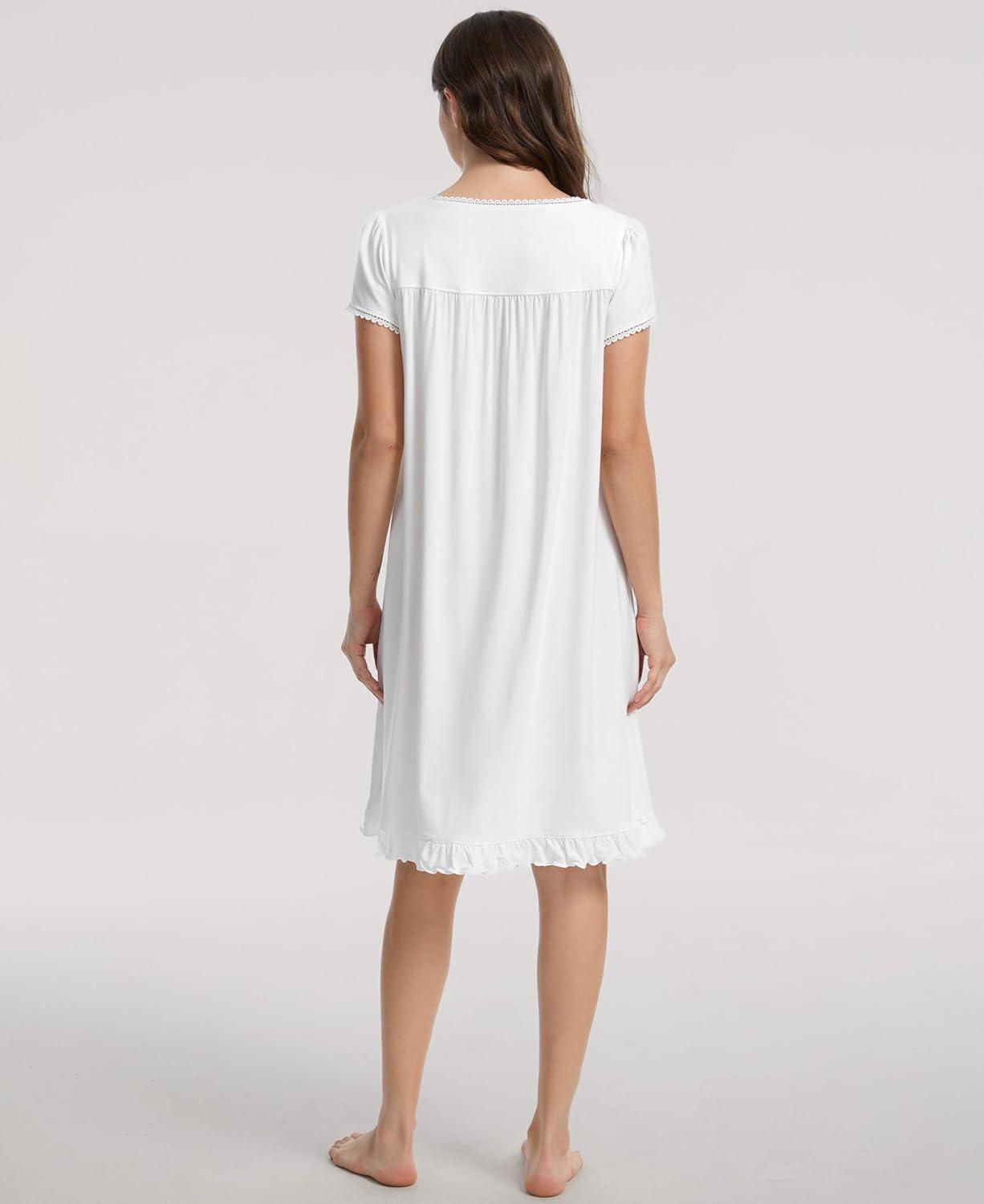 imageGYS House Dress for Women Puff Short Sleeve Moo Moos Pleated Bamboo Viscose Nightgowns Mumu DressesWhite