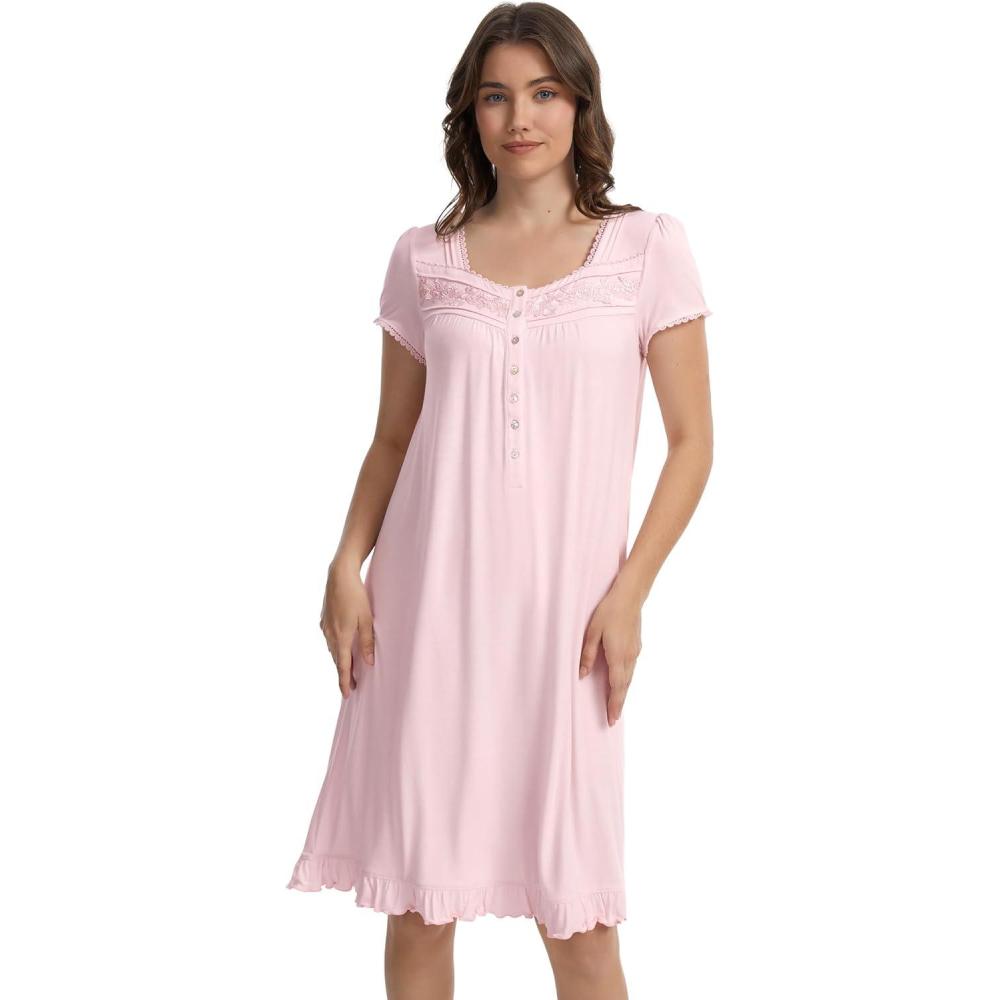 imageGYS House Dress for Women Puff Short Sleeve Moo Moos Pleated Bamboo Viscose Nightgowns Mumu DressesPink