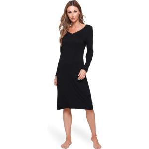 GYS Bamboo Viscose Women’s Nightgowns Long Sleeve V Neck Sleepshirts(B-black)