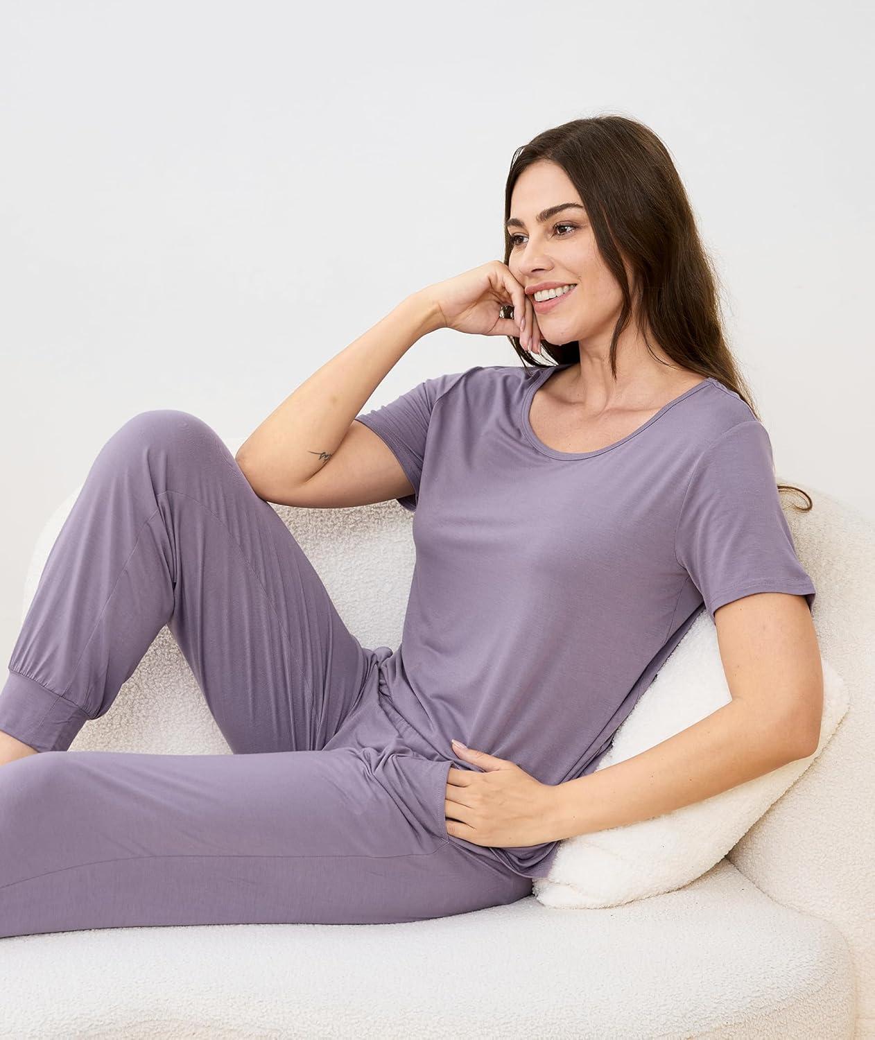 imageGYS Womens Cooling Bamboo Viscose Pajamas Set Summer Short Sleeve PJs Sets MoistureWicking Sleepwear for Night SweatsViolet