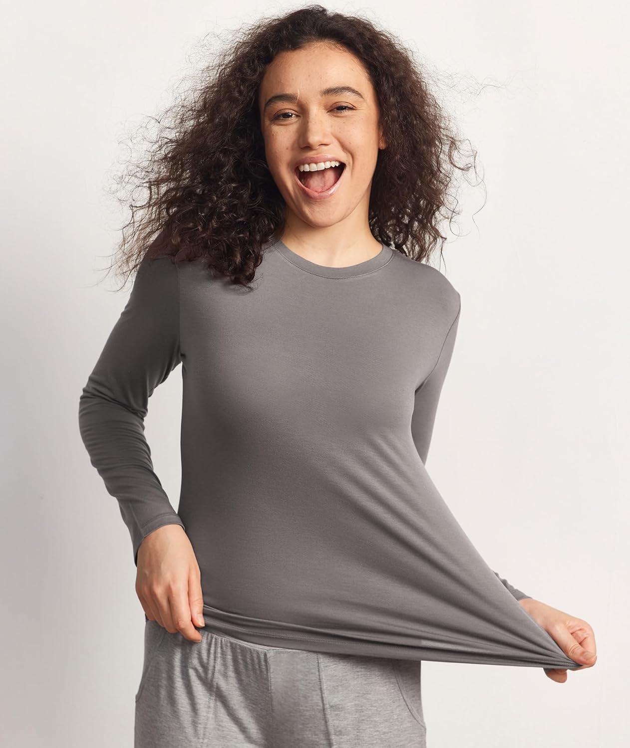 imageGYS Womens Pajama Tops Bamboo Viscose Soft and MoistureWicking Long Sleeve Underwear Base LayerCrew Neckgrey