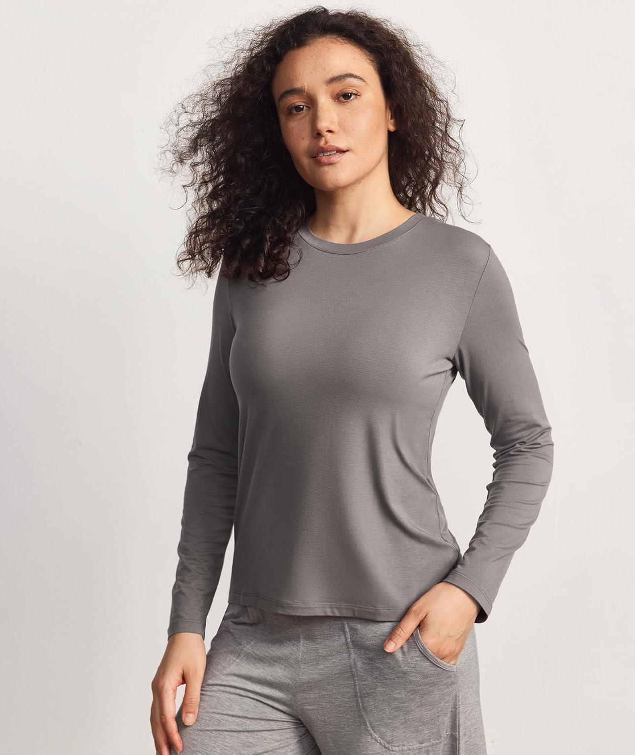 imageGYS Womens Pajama Tops Bamboo Viscose Soft and MoistureWicking Long Sleeve Underwear Base LayerCrew Neckgrey
